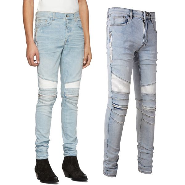 Herren Broken Track Moto Biker Jeans Plus Size 40 Kniereißverschluss gerippt Distressed Fading Denim Male