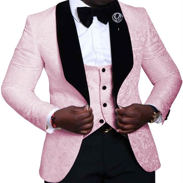 Ternos masculinos rosa, 3 peças, floral, jacquard, preto, xale, lapela, padrinhos, smoking para casamento, blazer, colete, calças265f