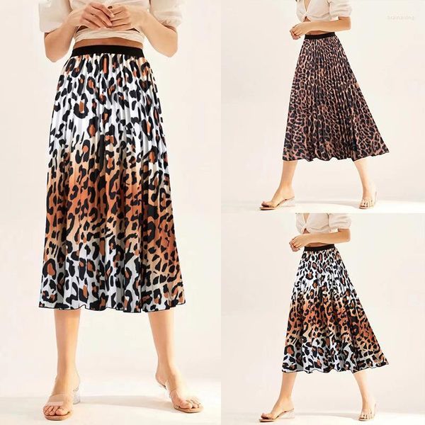 Saias femininas leopardo impressão plissada y2k moda vintage elegante cintura elástica midi casual coreano uma linha vestido roupas