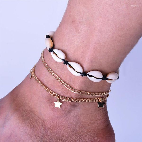 Tornozeleiras Huitan Vintage Shell Chains para Mulheres Estrela Flamingo Crânio Charme Retro Pé Tornozelo Acessórios Barefoot Pulseira Jóias