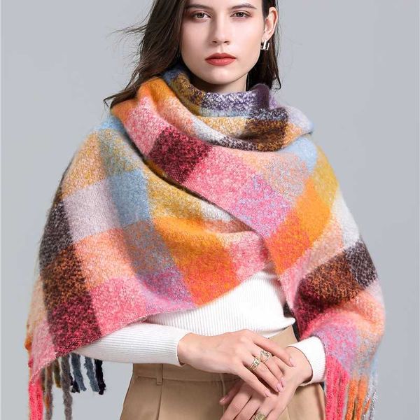 Lenços novas mulheres lenço xadrez inverno pashmina xales cashmere grosso envolve senhora borla lenços quentes arco-íris peludo bufanda 230831