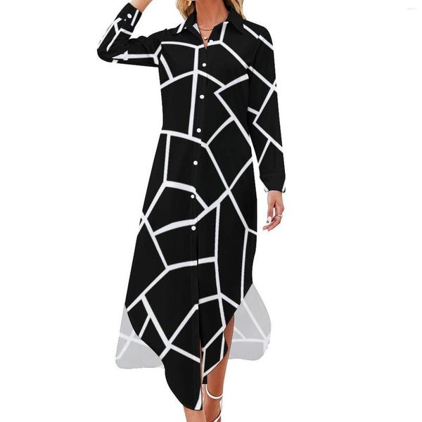 Abiti casual Linee nordiche bianche Abito in chiffon Mosaico geometrico Piuttosto manica lunga Estetica scollo a V Grafica oversize