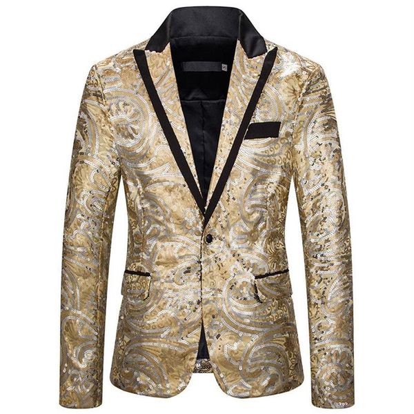 Ternos masculinos blazers luclesam masculino lantejoulas blazer moda festa brilho colar perfurado um botão terno jaqueta palco performanc256q