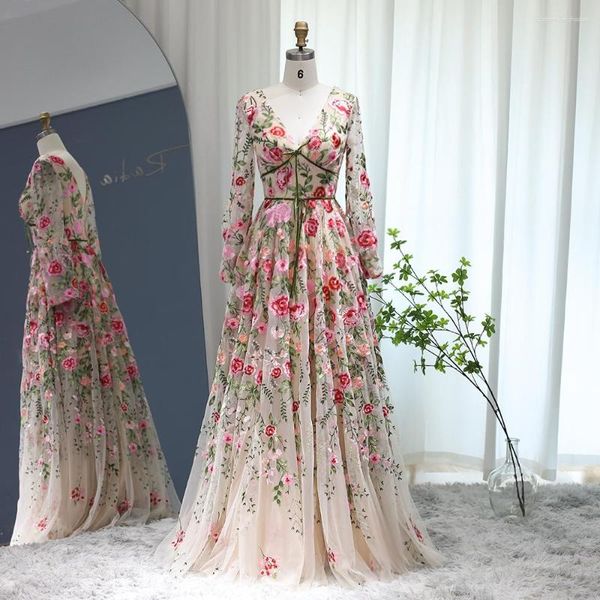 Lässige Kleider Jancember Bunte Stickerei Langes Abendkleid Garten Blumen Tüll A-Linie Formales Abendkleid für Frauen Hochzeit Party LSCZ20