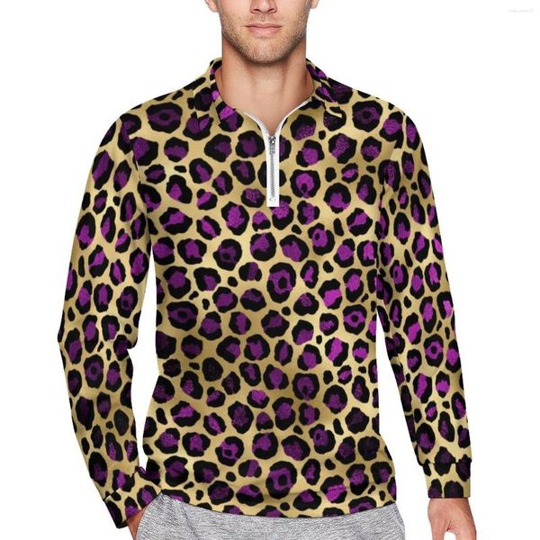 Polos masculinos leopardo impressão solta camisa polo masculino roxo e ouro manga longa casual t-shirts streetwear outono design plus size 4xl 5xl