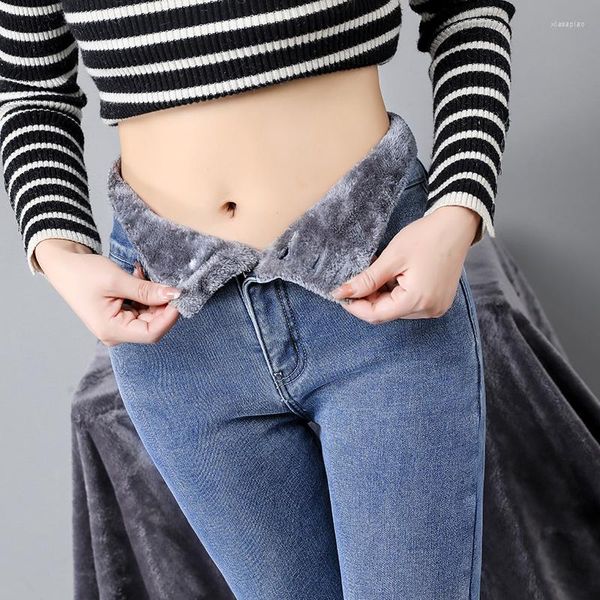 Jeans da donna in caldo pile skinny invernali leggings in velluto spesso elastico a vita alta bottoni multipli pantaloni a matita slim alla moda
