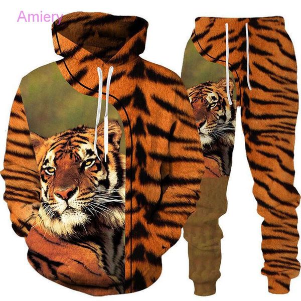 2023 Nuova Tuta da Uomo Pantaloni con Cappuccio 6XL Tuta con Cappuccio a Due Pezzi Set Tigre Modello Animale 3D Stampato Maglione da Uomo Set Maschile Plus Size