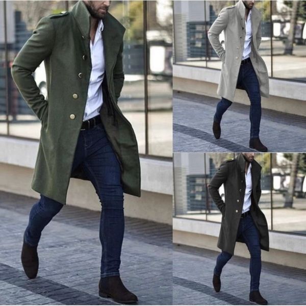 Cappotto in misto lana da uomo Primavera e autunno Colletto alla coreana in lana Decorazione con fibbia in metallo Tasca di media lunghezza Tendenza casual Slim 230912