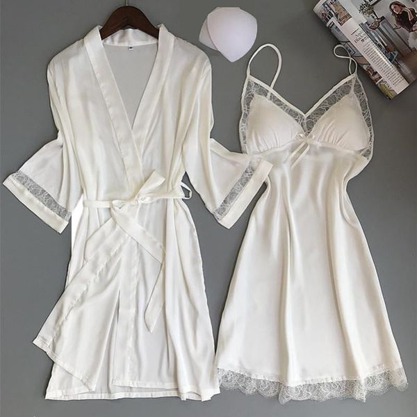 Mulheres sleepwear sexy mulheres rayon quimono roupão branco noiva dama de honra casamento robe conjunto renda guarnição casual casa roupas nightwear 230912