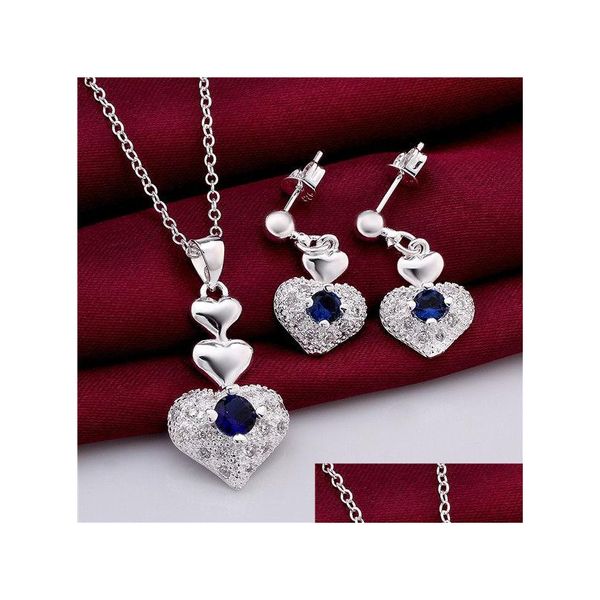 Orecchini Collana Brand New High Grade 925 Sterling Sier Zircon Heart Set - Set di gioielli blu Dfmss772 Vendita diretta in fabbrica Matrimonio D Dhfpc
