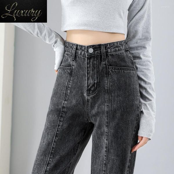 Damen Jeans Splicing Straight Ripped Fashion Streetwear Loch Y2k Hosen Baggy High Waist Casual Denim Hosen