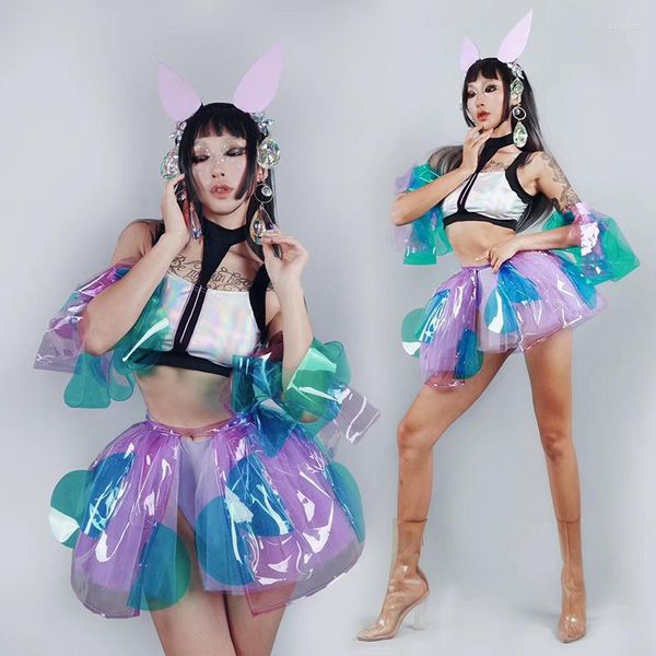 Abbigliamento da palco Donna Abiti da ballo Jazz Bella gonna con maniche trasparenti Gogo Dance Performance Outfit Ballerino da discoteca VDB7181