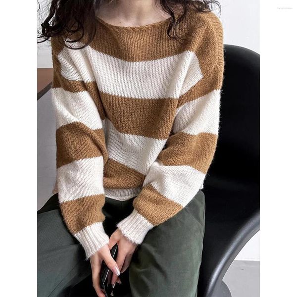 Maglioni da donna a righe con spalle scoperte maglione lavorato a maglia autunno mohair pullover allentato morbido maglione di lana lavorato a maglia top per le donne 2023