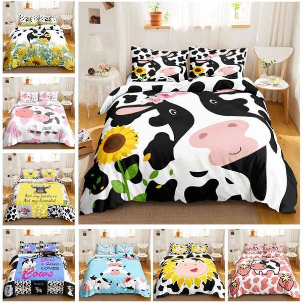 Copripiumino con stampa di mucca carina set di biancheria da letto Queen Size Kawaii Highland King Comforter Cartoon Farm Animals200x