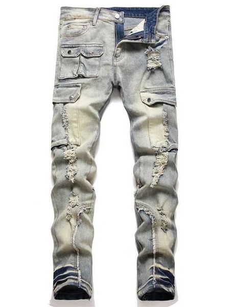 Slim Fit Elástico Perfurado Bordado Patch Personalizado Moda Masculina Calças Jeans Masculinas