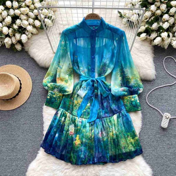 MACHIFENTCASUAL PENTA Mavi Çiçek Mini Kadınlar Büyüleyici Çiçek Baskı Şifon Tatil Standı Yaka Uzun Fener Kollu Elbise Kemerle 2023 HKD230912