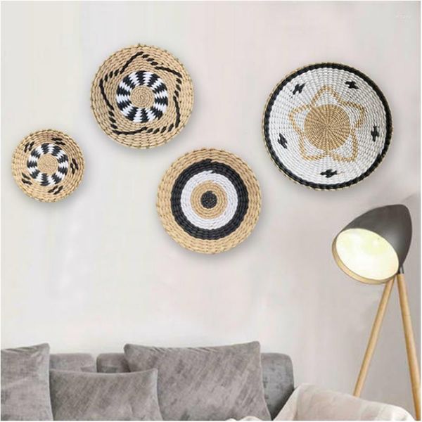 Estatuetas decorativas rattan cesta de parede nordic ins combinação natural vime tecido pendurado ornamento criativo decoração do quarto para sala estar