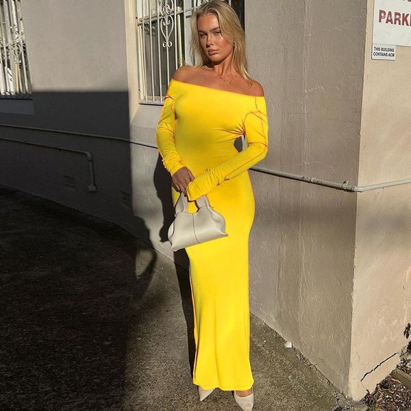 Abiti casual Abito maxi senza spalline giallo per donna Abiti da compleanno sexy aderenti senza schienale per feste da sera autunno inverno maniche lunghe