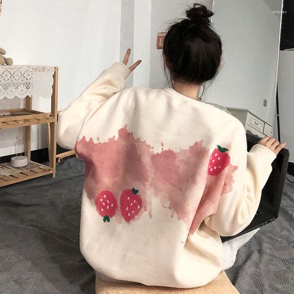 Felpe con cappuccio da donna Velluto spesso da donna Oversize Tie Dye Stampa fragola Felpa girocollo Calda dolce e carina Top a maniche lunghe Ragazze Adolescenti