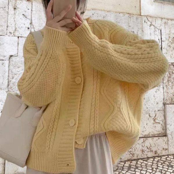 Kadın Sweaters Sarı Uzun Örme Hırka Kadın Tığ işi 2023 Bahar Sonbahar Kış Jumper Khaki dış giyim y2k kazak ceket ceket