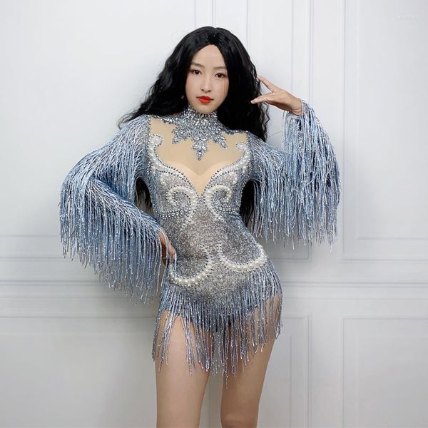 Sahne Giyim Seksi Stretch Rave Kıyafet İncileri Rhinstones Fringed Bodysuit Kadın Partisi Gogo Dancer Kostüm Festivali Clubwear XS6628