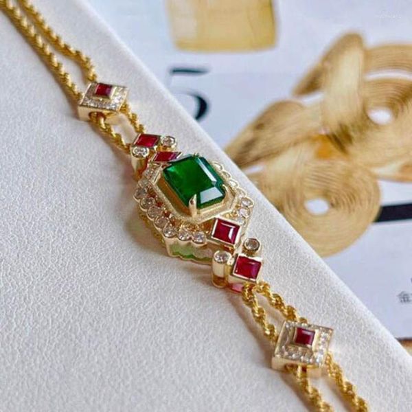 Link Pulseiras Mulher Pulseira Gótica Simulação Incrustada Esmeralda Dupla Camada Chopin Corrente Banhada A Ouro Pombo Sangue Vermelho Gemstone Verde Diamante