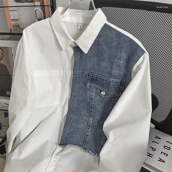 Camisas casuais masculinas na moda marca denim retalhos de mangas compridas masculino high street casal solto branco ropa roupas para homens