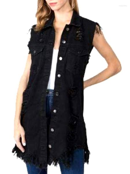 Gilet da donna S-3XL Gilet di jeans di media lunghezza da donna Cappotto cardigan con nappe strappate Giacca di jeans lunga stile High Street senza maniche