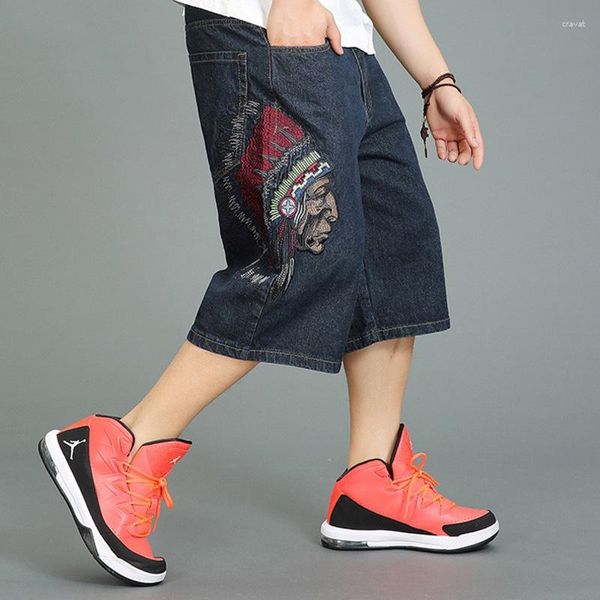 Shorts masculinos verão solto perna larga moda bordado hip hop denim oversize baggy lavado jeans plus size 44 46