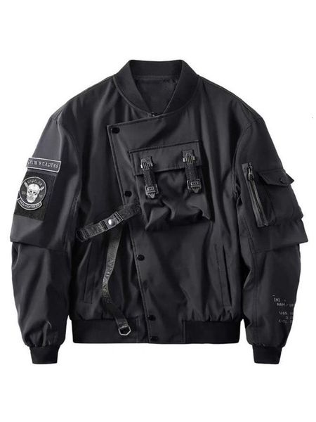 Jaquetas masculinas God of Death Bomber Jaqueta Peito Bolso Techwear Homens Punk Hip Hop Tactical Streetwear Preto Varsity Oversized MA1 Casacos 230911