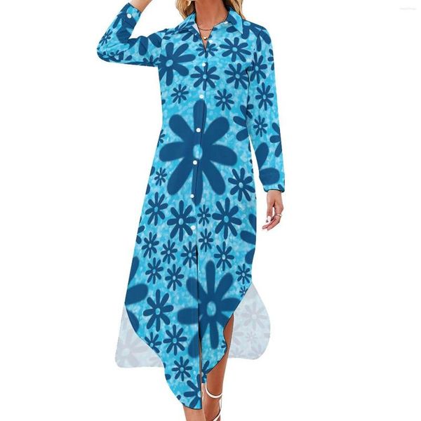 Lässige Kleider Blaues Gänseblümchen-Druck-Chiffon-Kleid Retro-Blumen Niedliche weibliche Langarm-koreanische Mode V-Ausschnitt Benutzerdefinierte große Größe