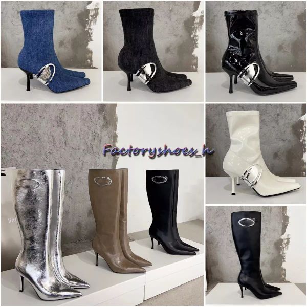 Patente Ankle Boots Designer Sapatos Mulheres D-Eclipse Bota Moda Diese L Runway D-Vênus Joelho-Bota Alta Apontada Salto Fino Zíper Lateral Bota Curta