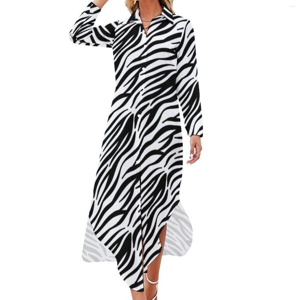 Vestidos casuais preto e branco zebra vestido listras impressão moda manga longa na moda senhoras v pescoço personalizado tamanho grande chiffon