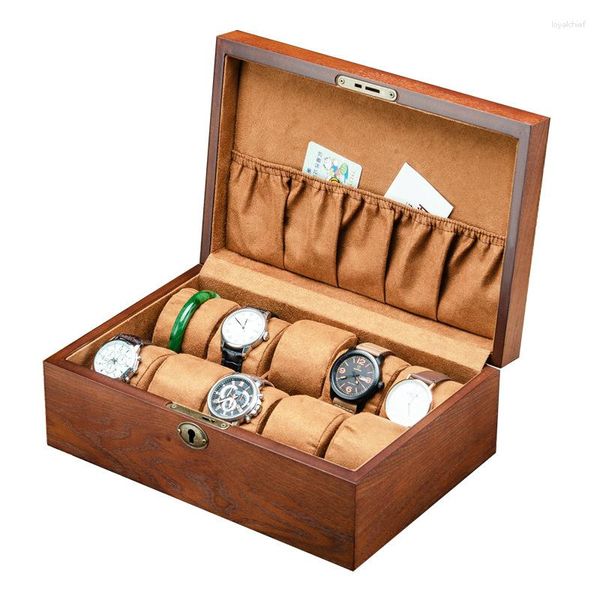 Caixas de relógio caixa de armazenamento de madeira sólida 10 slots organizador com pulseira de bloqueio masculino relógios de pulso mecânicos coleção de exibição