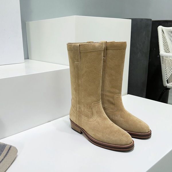 Cáqui nubuck couro plano e salto baixo martin cavaleiro meia botas simples moda botas botas de designer sapatos femininos fábrica