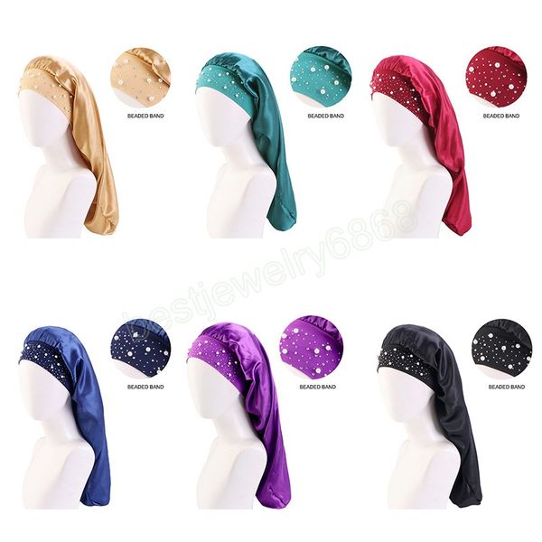 Novo frisado borda larga gorro de cetim cabelo longo touca de dormir cuidados com o cabelo turbante cabelo natural encaracolado tranças gorro para mulheres unissex