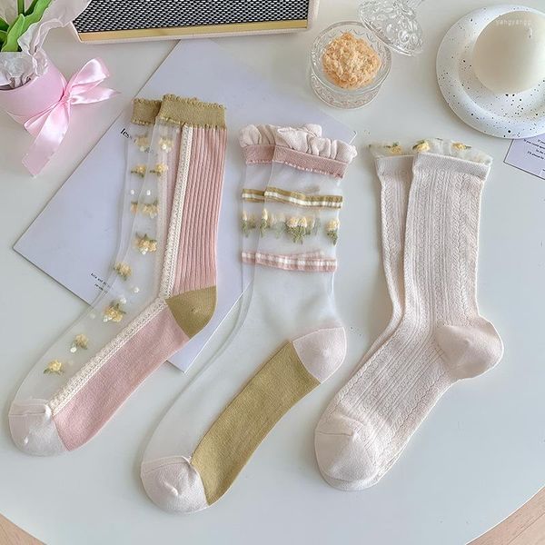 Calzini da donna Rosa Cristallo Seta Harajuku Fiore Ricamo Pizzo Vintage Estate Ultrasottile Trasparente Elastico Lungo Sox