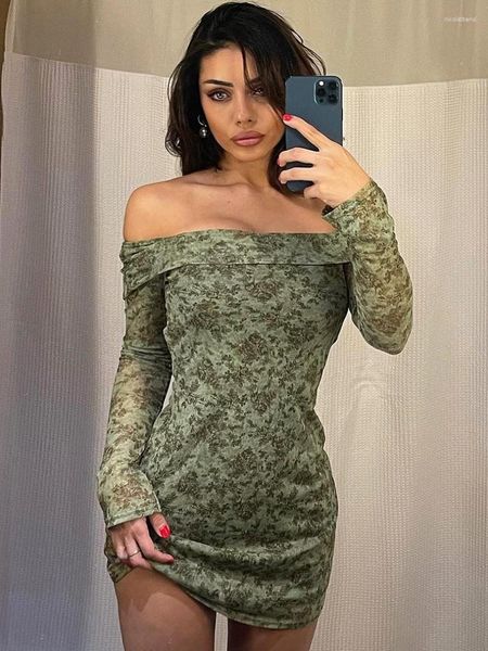 Casual Kleider Kristall Druck Off Schulter Mini Kleid 2023 Sommer Langarm Für Frauen Sexy Großhandel Geburtstag Abend Party Clubwear