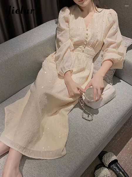Casual Kleider Reine Farbe Pailletten Vintage Frauen Kleid V-ausschnitt Schlanke Taille Französisch Stil Mode Weibliche Aprikose Einfache