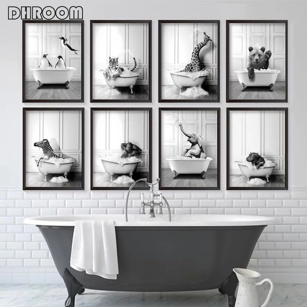 Nordic Badezimmer Dekoration Tier Poster Elefant Giraffe Toilette Badewanne Schwarz Weiß Leinwand Malerei Retro Wand Kunst Wohnkultur L01