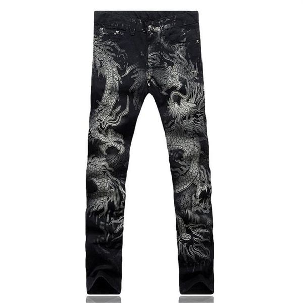 Calças de brim masculinas calças slim fit moda dragão impressão macho colorido desenho pintado denim elástico preto cargo293e