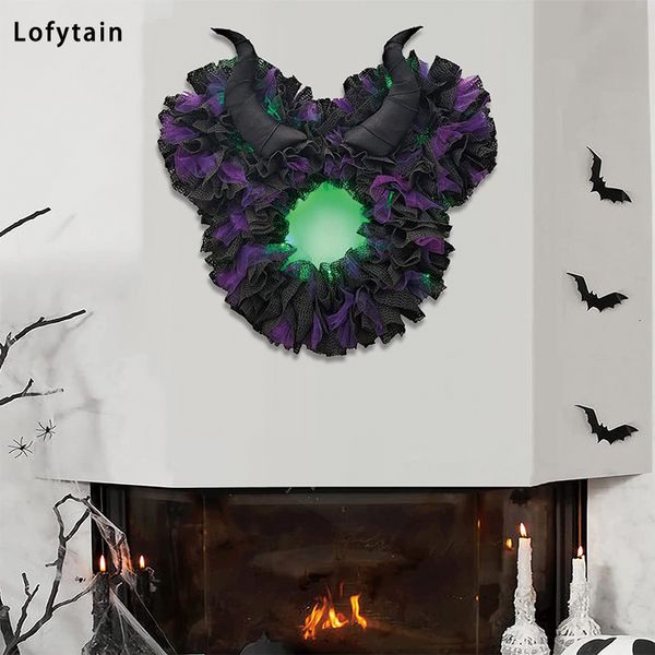 Ghirlande di fiori decorativi Lofytain Ghirlanda horror di Halloween LED Ghirlanda di Halloween Corona di corno viola Decorazioni per la casa Decorazioni per interni e finestre 230912