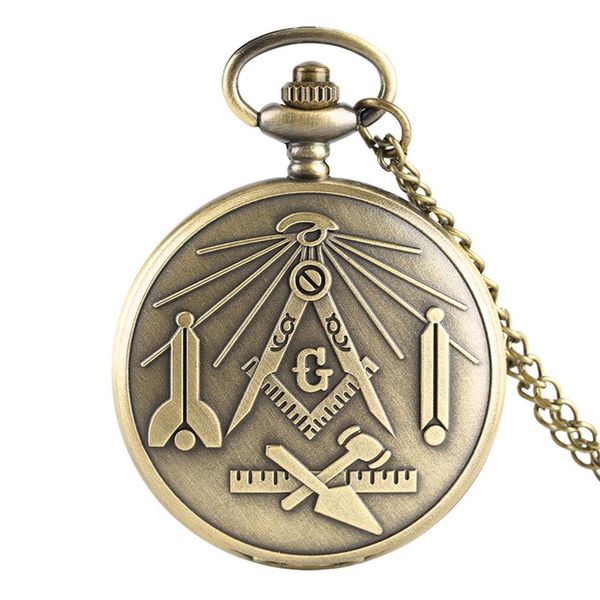 Orologi in muratura massonica in bronzo Quadrato cromato e bussola Mason Orologio da tasca analogico retrò al quarzo Collana con pendente a catena Regali f269q