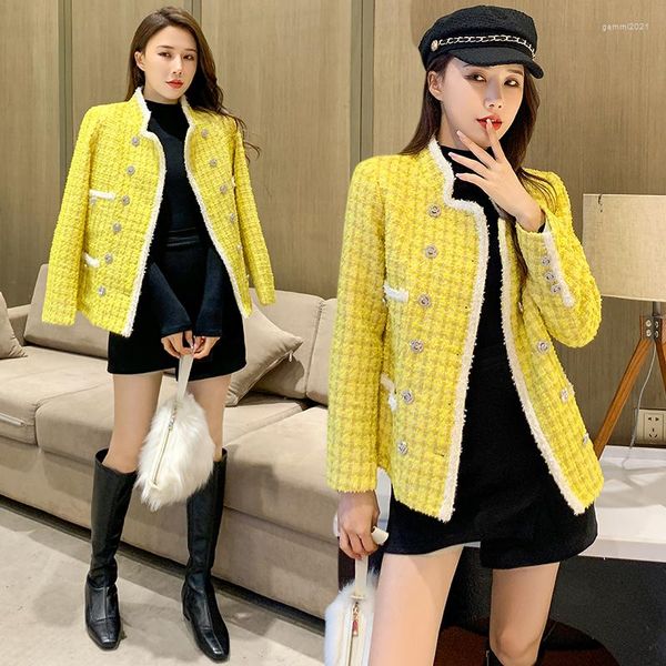 Jaquetas femininas outono moda mulheres gola xadrez amarelo tweed jaqueta pérolas duplo breasted vintage elegante casaco feminino