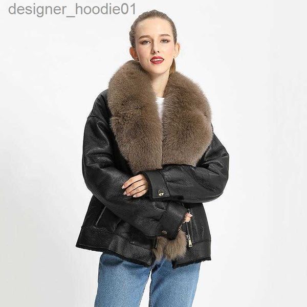 Herren Pelz Kunstpelz Damen Pelz Kunstpelz Winter Kurze schwarze Lederjacke Frauen Echtkragen Moto Schaffell Shearling Mantel MJF-SJ-14Damen L230913