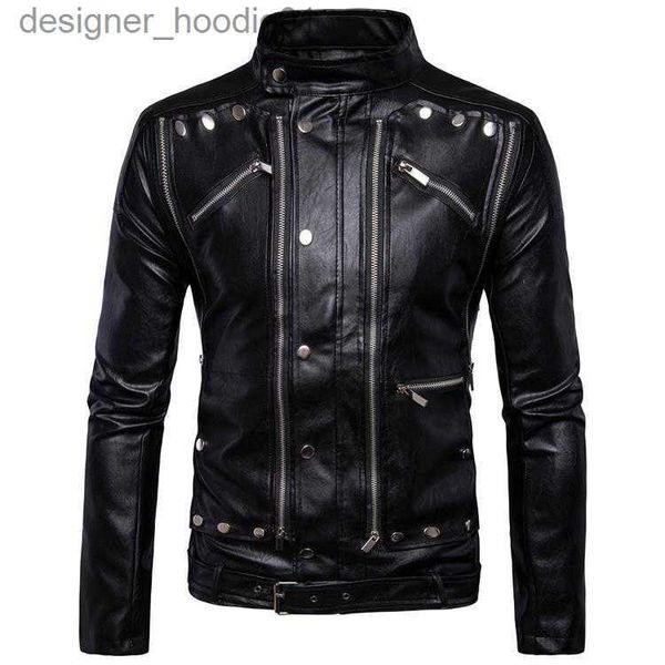 Jaqueta de couro masculina de pele falsa, jaqueta de couro masculina com muitos zíperes, casaco de motociclista, motocicleta, preto, tamanho asiático M-5XL L230913