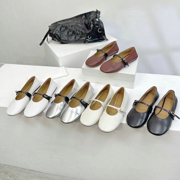 Confortável couro dedo do pé redondo ballet flats mary jane sapatos de designer de luxo sapatos de dança para senhoras preto branco marrom