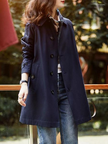 Mulheres Trench Coats Windbreaker Mulheres Mid Comprimento Outono Estilo Casual Casaco Polo Collar Manga Longa Top e Jaquetas