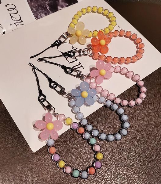 Passende Macaron-Farbe, bunte Acrylperlen, Handy-Lanyard, japanischer und koreanischer Ins-Stil, handgefertigte Perlen-Blumen-Handy-Charm-Handgelenkschlaufe