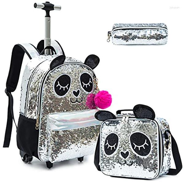 Sacos escolares Panda Rolling Backpack para Gilrs Mochilas com rodas Elementary Bag Trolley Trips Bagagem Lunch Box